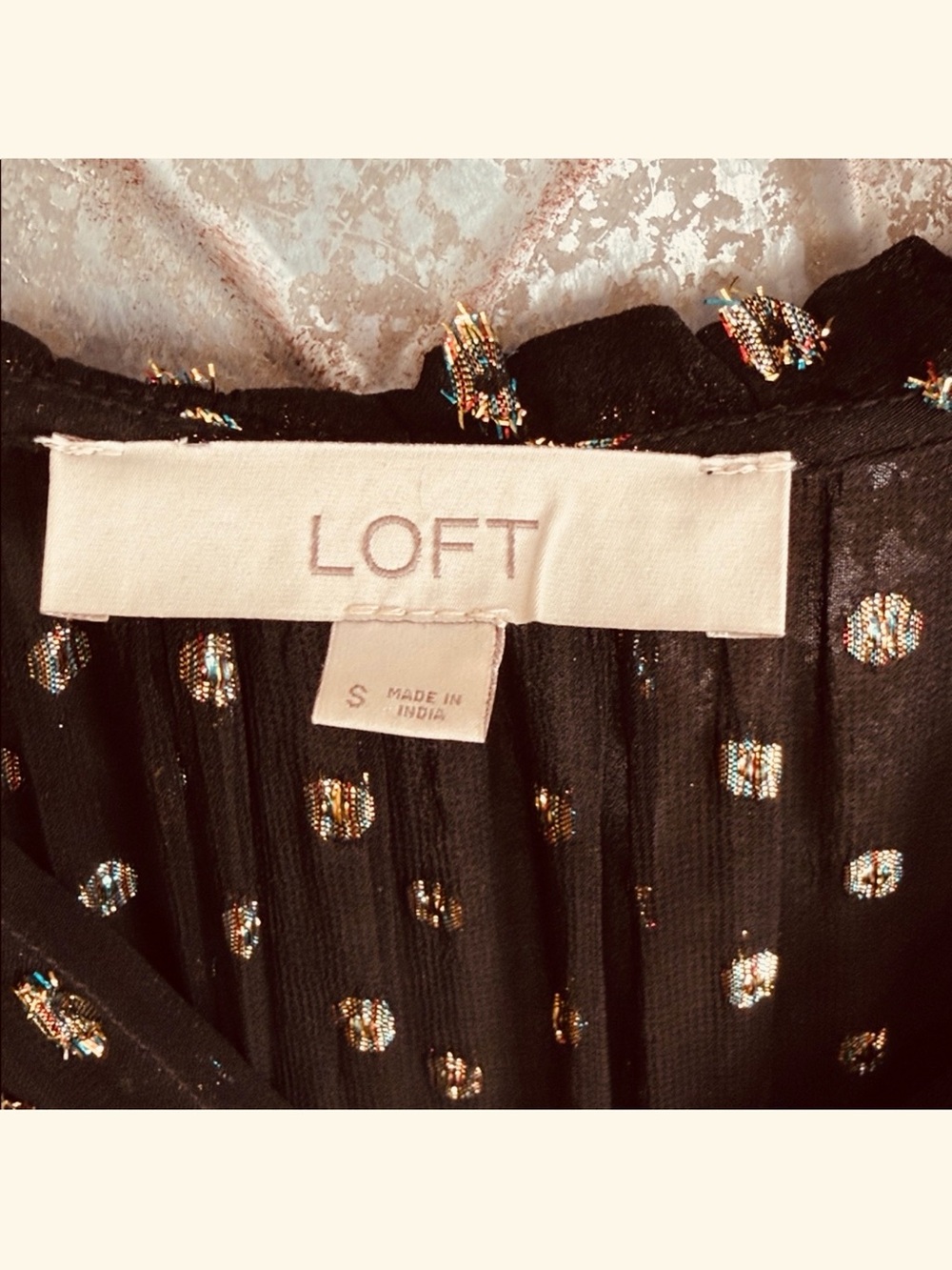 LOFT Black Sheer Long Sleeve Midi Tiered Babydoll Dress w/ metallic Gold tinsel - Picture 2 of 9